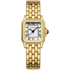 Gold Watches for Women with Small Vintage Bracelet, Rectangular Case Roman Dial